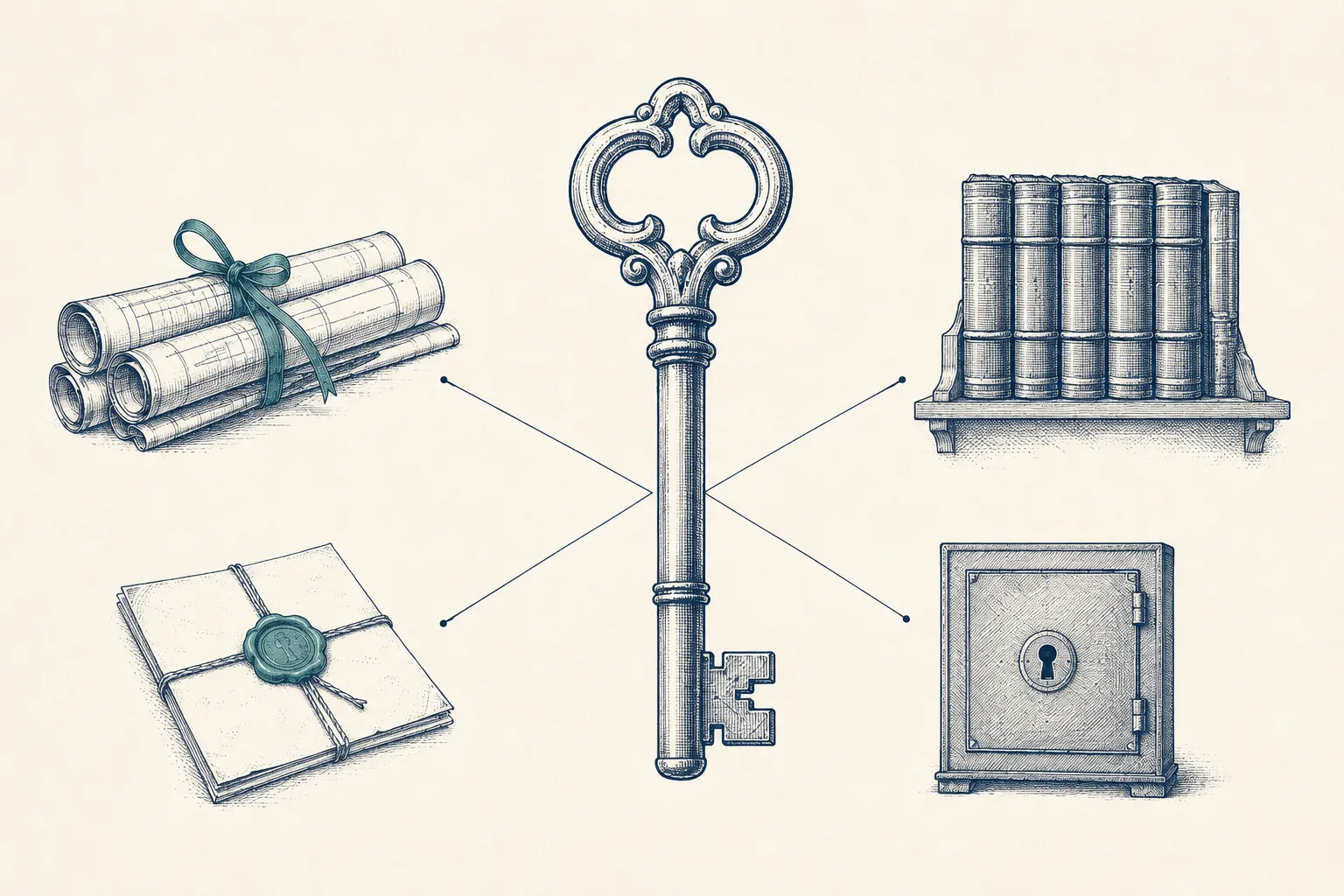 Ilustración técnica de una llave maestra conectada a cuatro elementos: planos enrollados, una fila de libros contables, un documento sellado con lacre y una caja fuerte — infraestructura crítica dependiendo de un único acceso.
