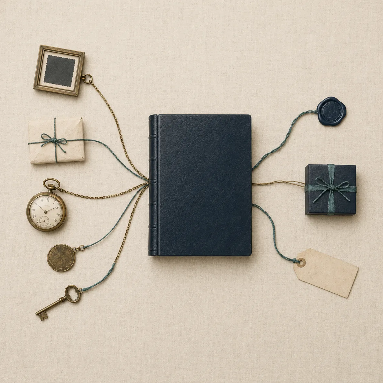 Objetos personales — una foto enmarcada, una carta, un reloj de bolsillo, una moneda, una llave — conectados por hilos hacia un cuaderno de cuero cerrado, que a su vez conecta hacia un sello de cera, una caja atada con cinta y una etiqueta en blanco: tus cosas, custodiadas, y luego entregadas según tus instrucciones.